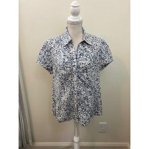 Blue and White Print Button Up Top Size Large